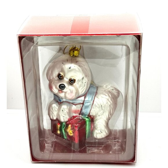 White Dog Christmas Ornament With Box - Hand-Painted Glass Figurine - Picture 1 of 5